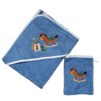 Osuška pre bábätko s kapucňou + žinka 100x100cm stredne modrá - HÚPACÍ KONÍK