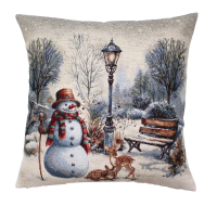 Povlak na polštář, gobelínový- SNĚHULÁK S LAMPOU, stříbný lurex
